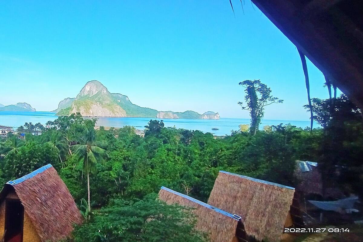 Vista desde una construcción con techo de paja que domina una zona costera con abundante vegetación y una montaña destacada en la distancia.