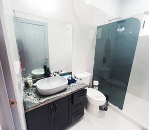 Eco-friendly toiletries, hair dryer, towels