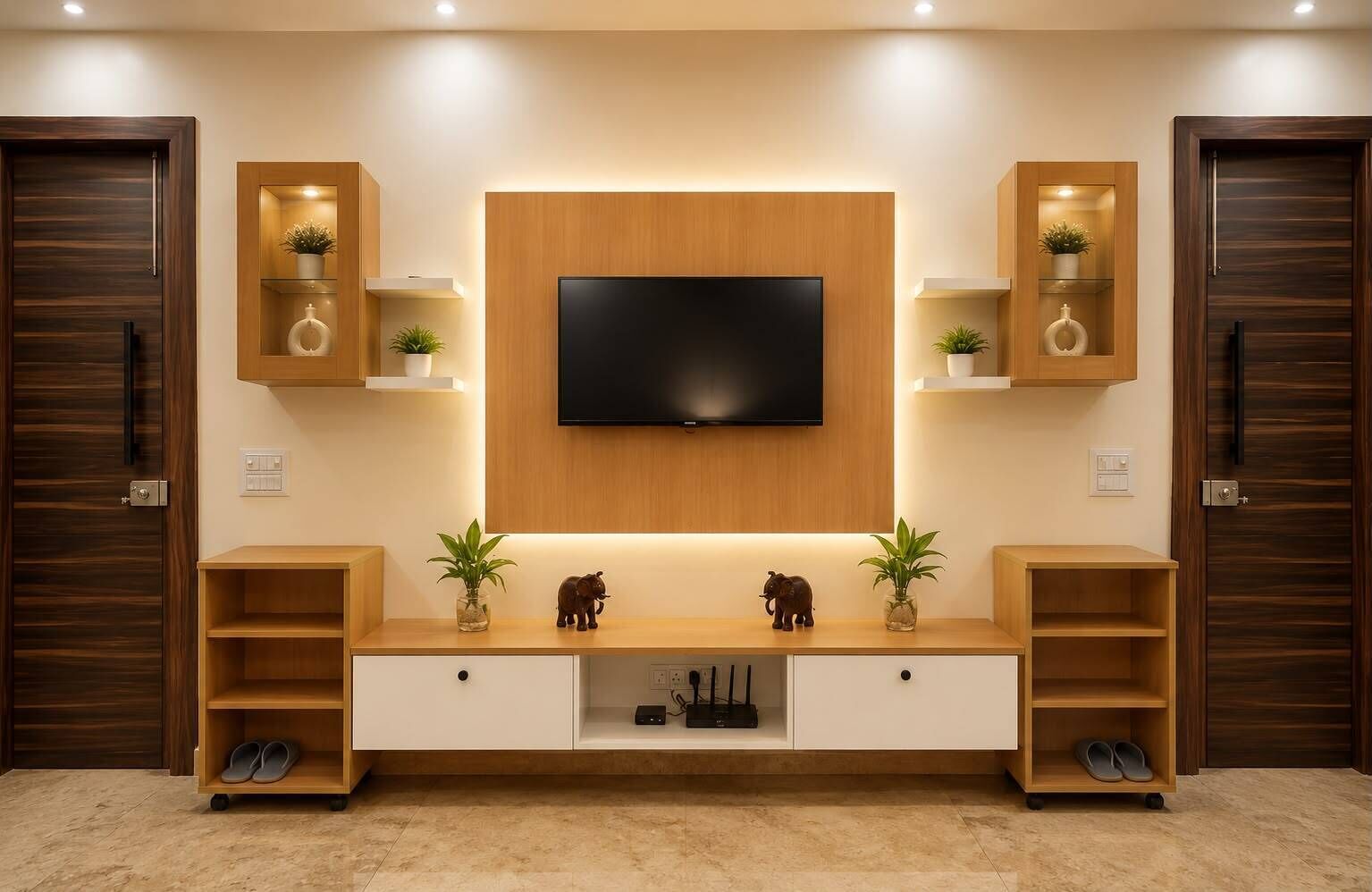 Una sala de estar moderna con un televisor montado en una pared de madera, rodeada de estanterías con plantas y objetos decorativos.