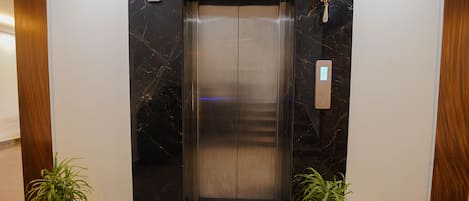 An elevator with a marble wall and a potted plant on either side.