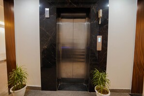 Un ascenseur dont les murs sont recouverts de marbre, avec une plante en pot de chaque côté.