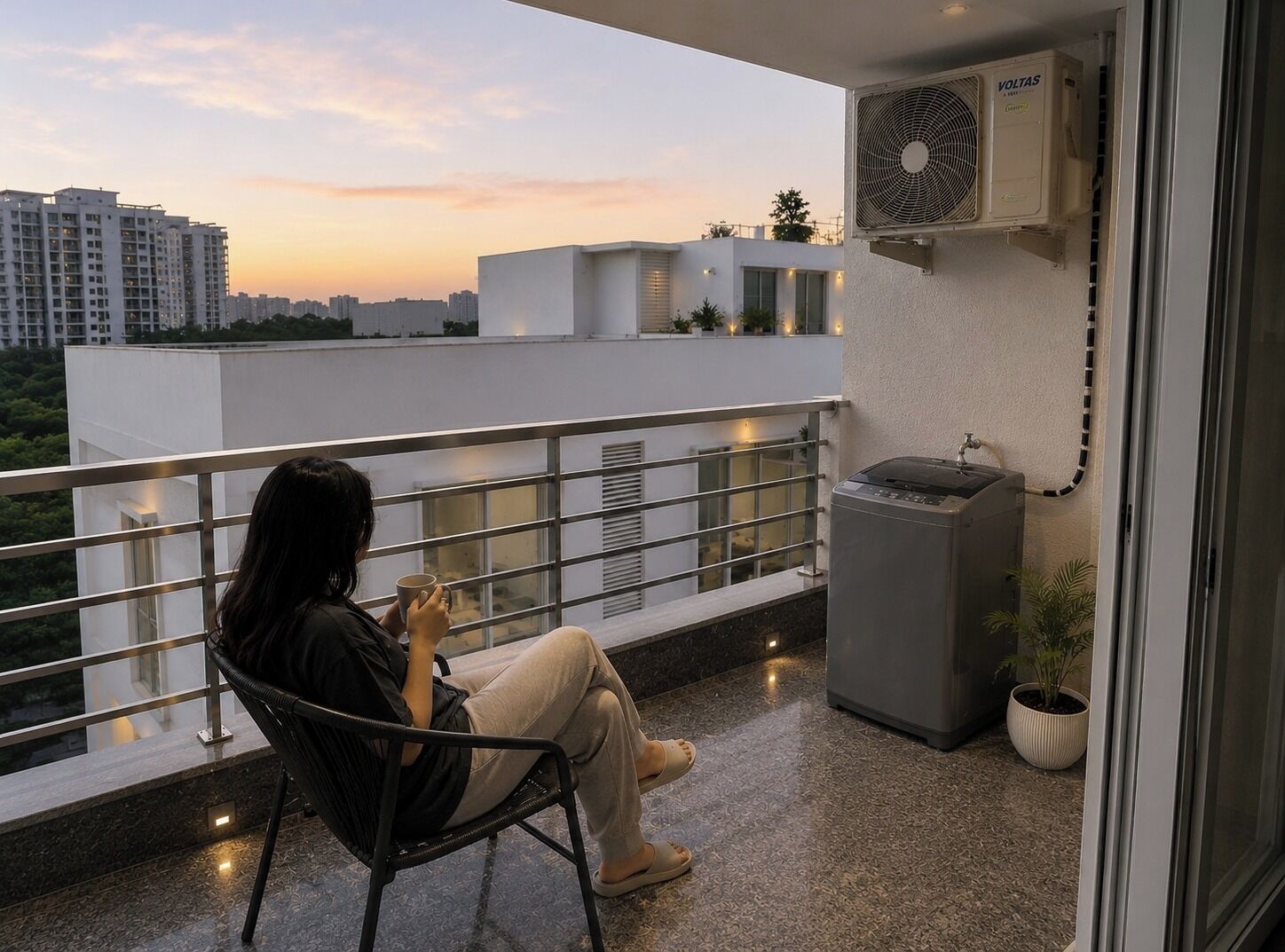Un balcón con una persona sentada, un dispensador de agua y un aire acondicionado instalado en la pared.