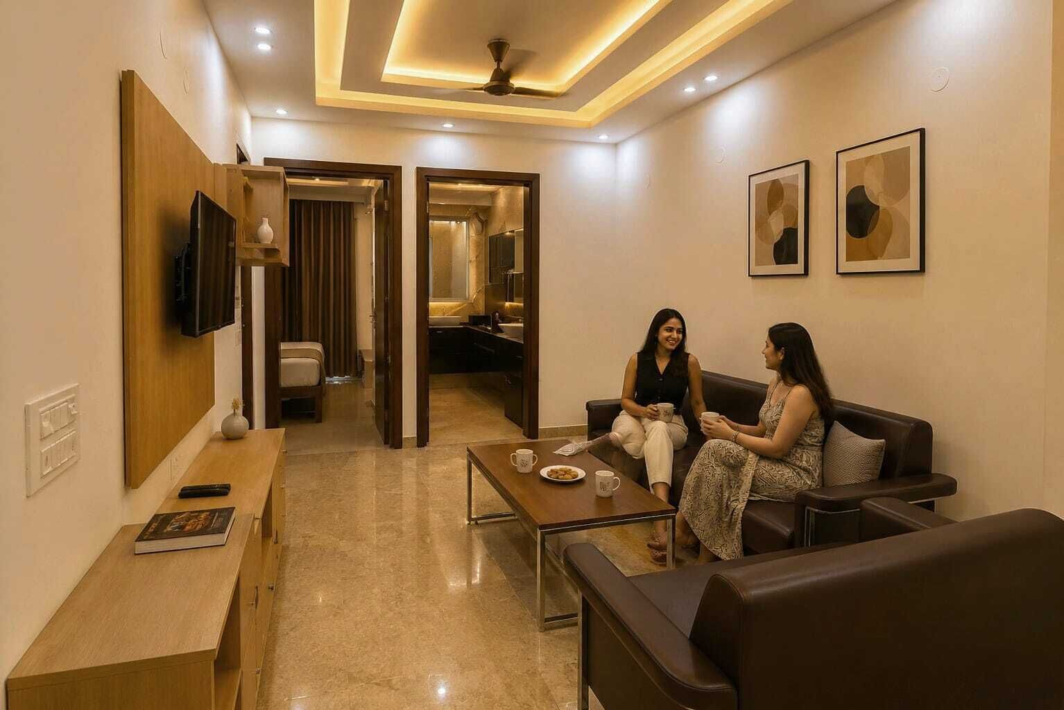 A modern living room with a sofa, coffee table, and a TV mounted on the wall.