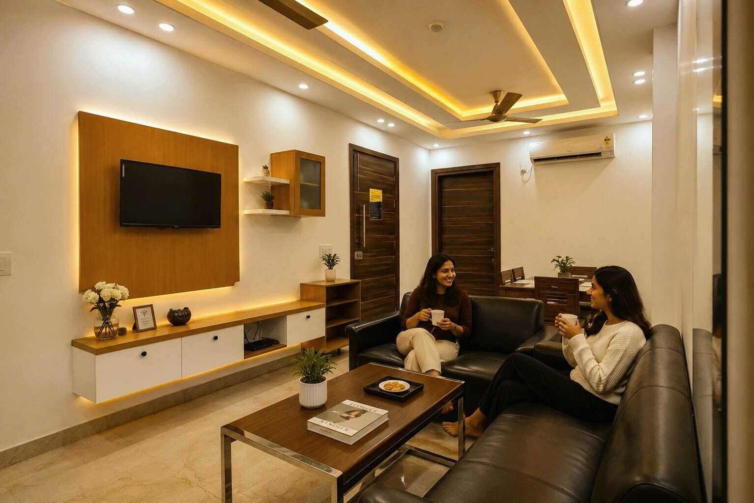 Una sala de estar moderna con un televisor de pantalla plana, una mesa de centro y dos sofás de cuero.
