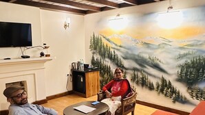 Une pièce avec un plafond en bois, une cheminée, un téléviseur et une fresque murale représentant un paysage de montagne.