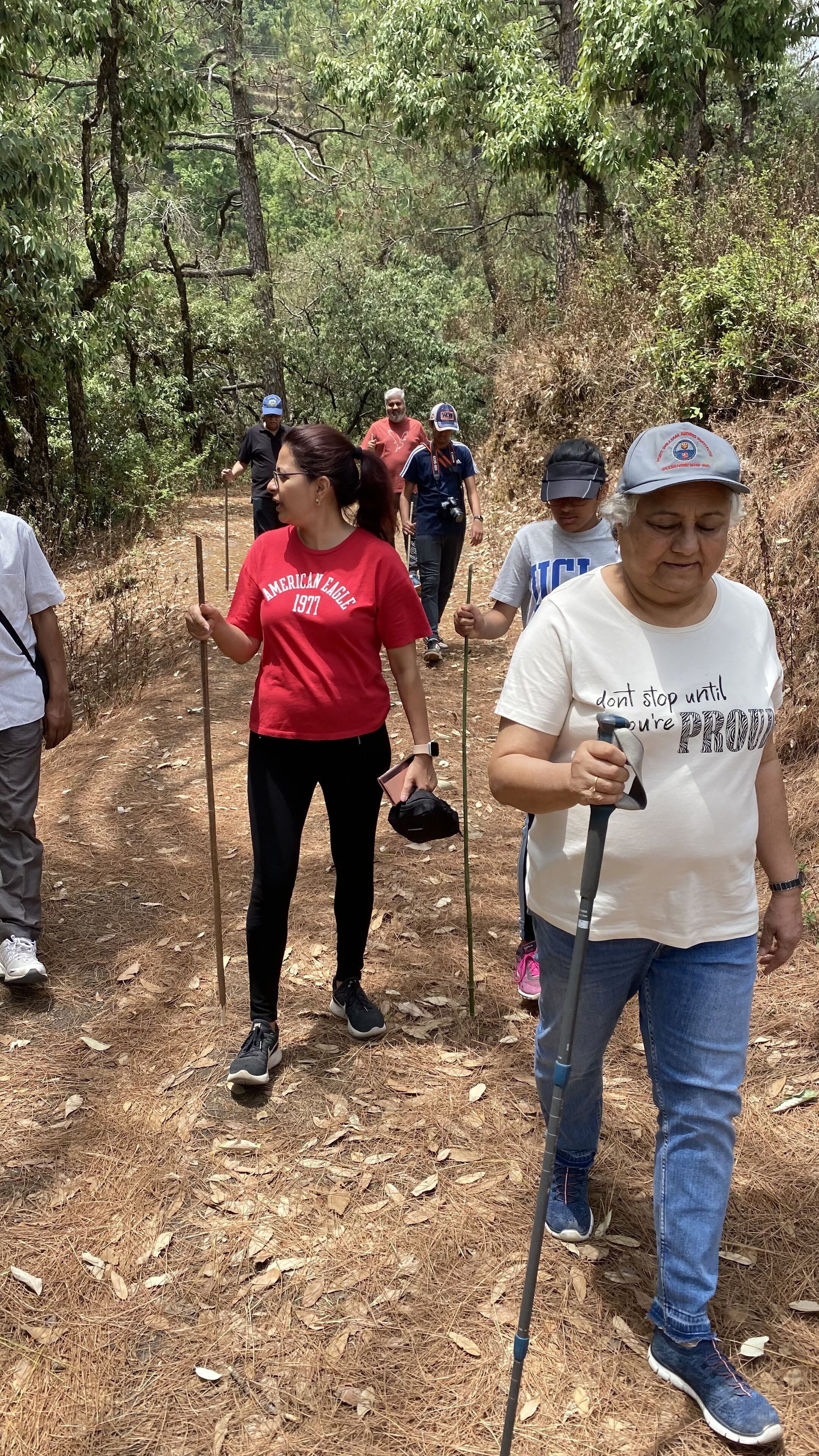 Un grupo de personas caminando por un sendero en un bosque.