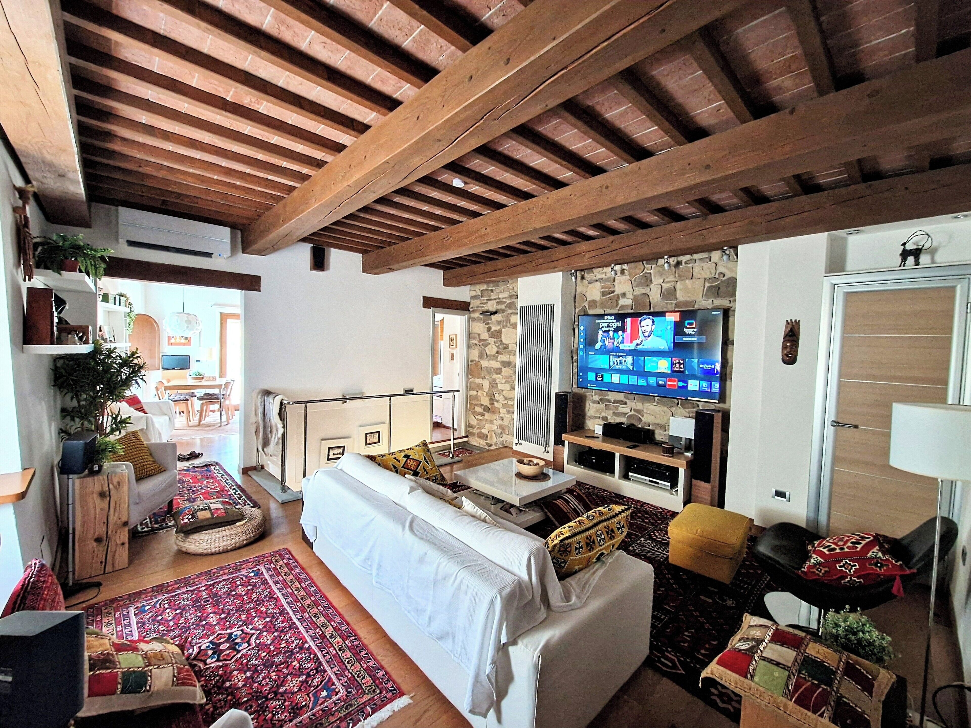 TV connectée, cheminée, lecteur de DVD, livres