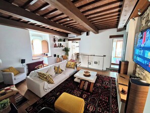 Smart TV, caminetto, lettore DVD, libri