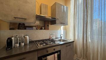 A modern kitchen with a gas stove, stainless steel sink, and wooden cabinets.