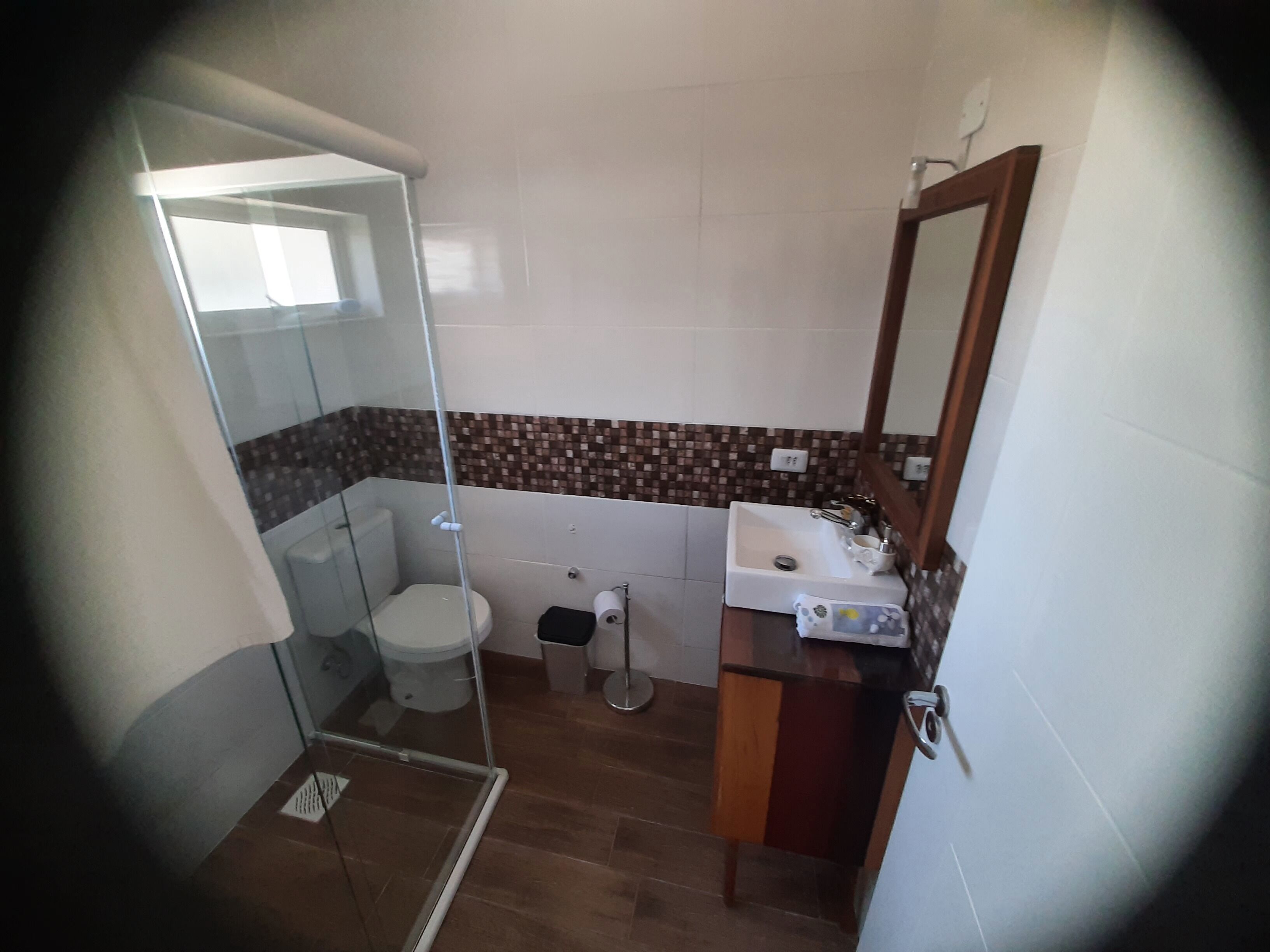 A bathroom with a glass-enclosed shower, a toilet, a sink with a mirror, and a tiled backsplash.