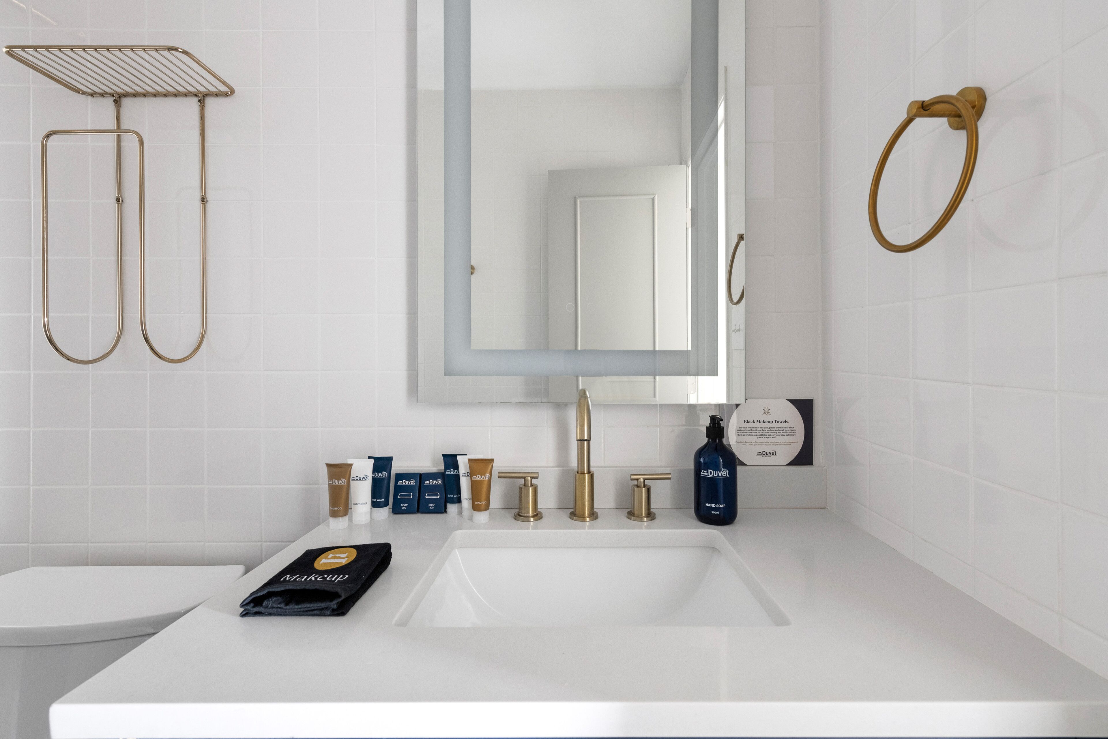 Hair dryer, soap, shampoo, toilet paper