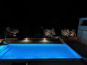 A swimming pool at night with surrounding landscaping and a building.