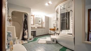 Shower, jetted tub, hair dryer, towels