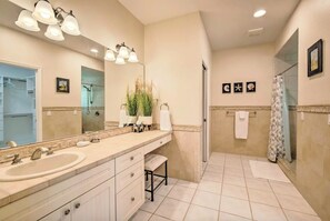 Bathtub, hair dryer, towels