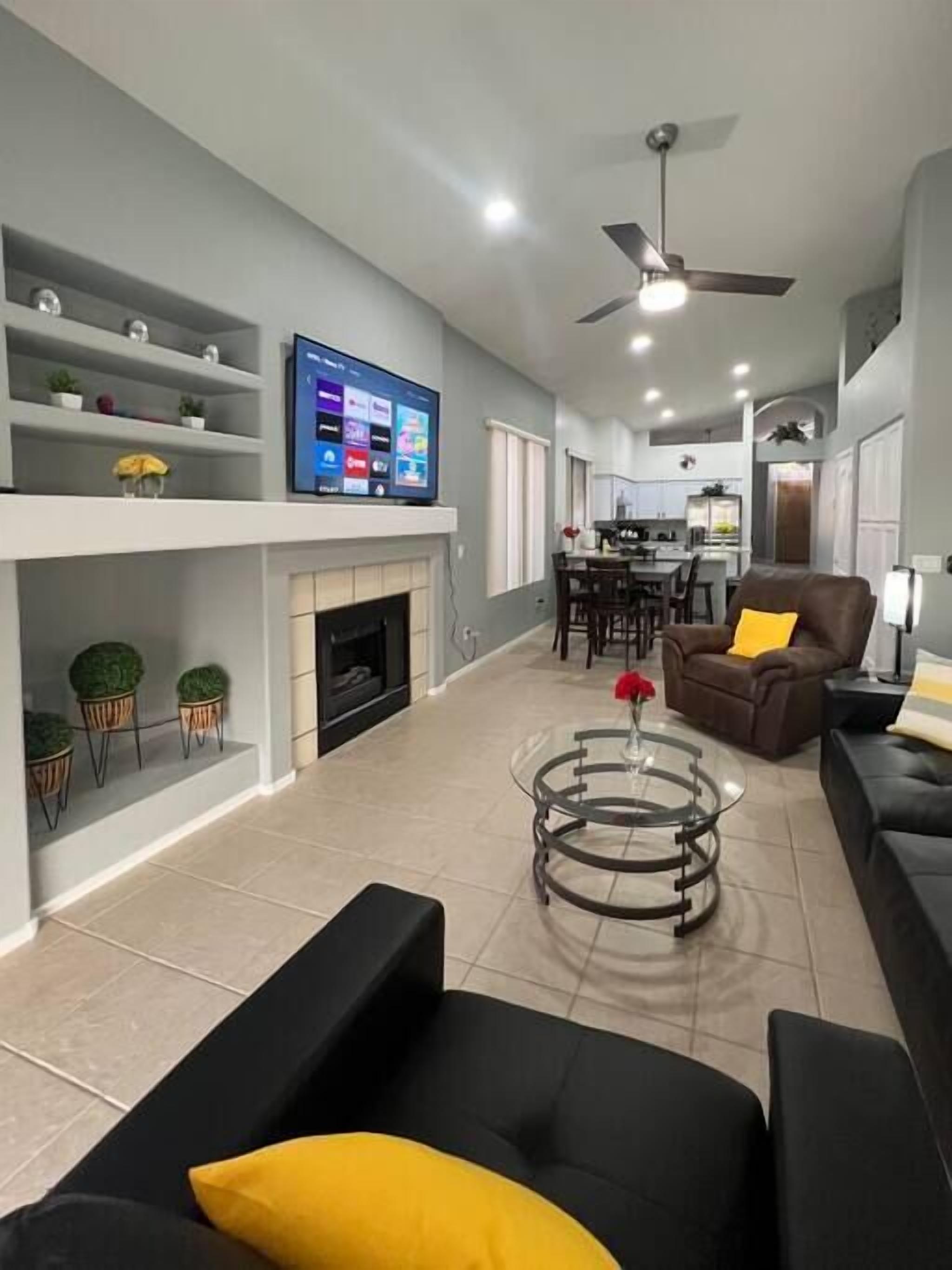 TV, fireplace, video games, offices