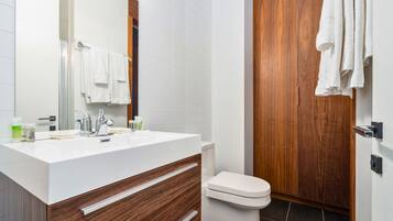 Rainfall showerhead, free toiletries, hair dryer, towels