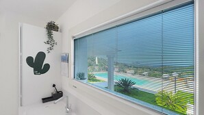 A bathroom with a white sink, a cactus decoration, and a window with blinds.