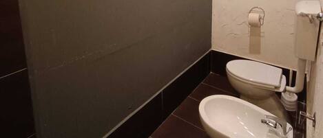 A modern bathroom with two toilets, a sink, and a toilet paper holder.