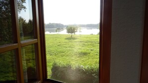 A view through a window of a grassy field with a tree and a body of water. - Vacation home with large meadow on nature reserve lake (Petershagen)