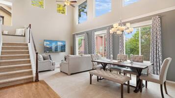 Smart TV, fireplace, video games, DVD player