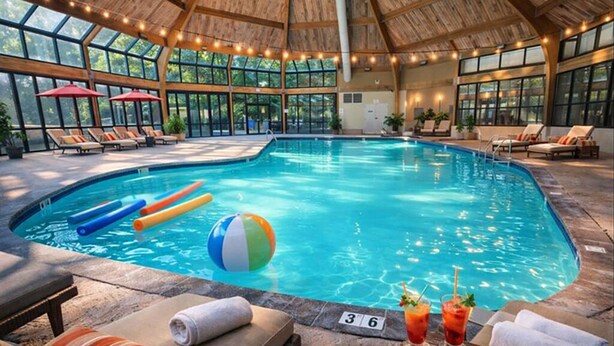 An indoor swimming pool with lounge chairs and umbrellas, surrounded by large windows and a wooden ceiling.