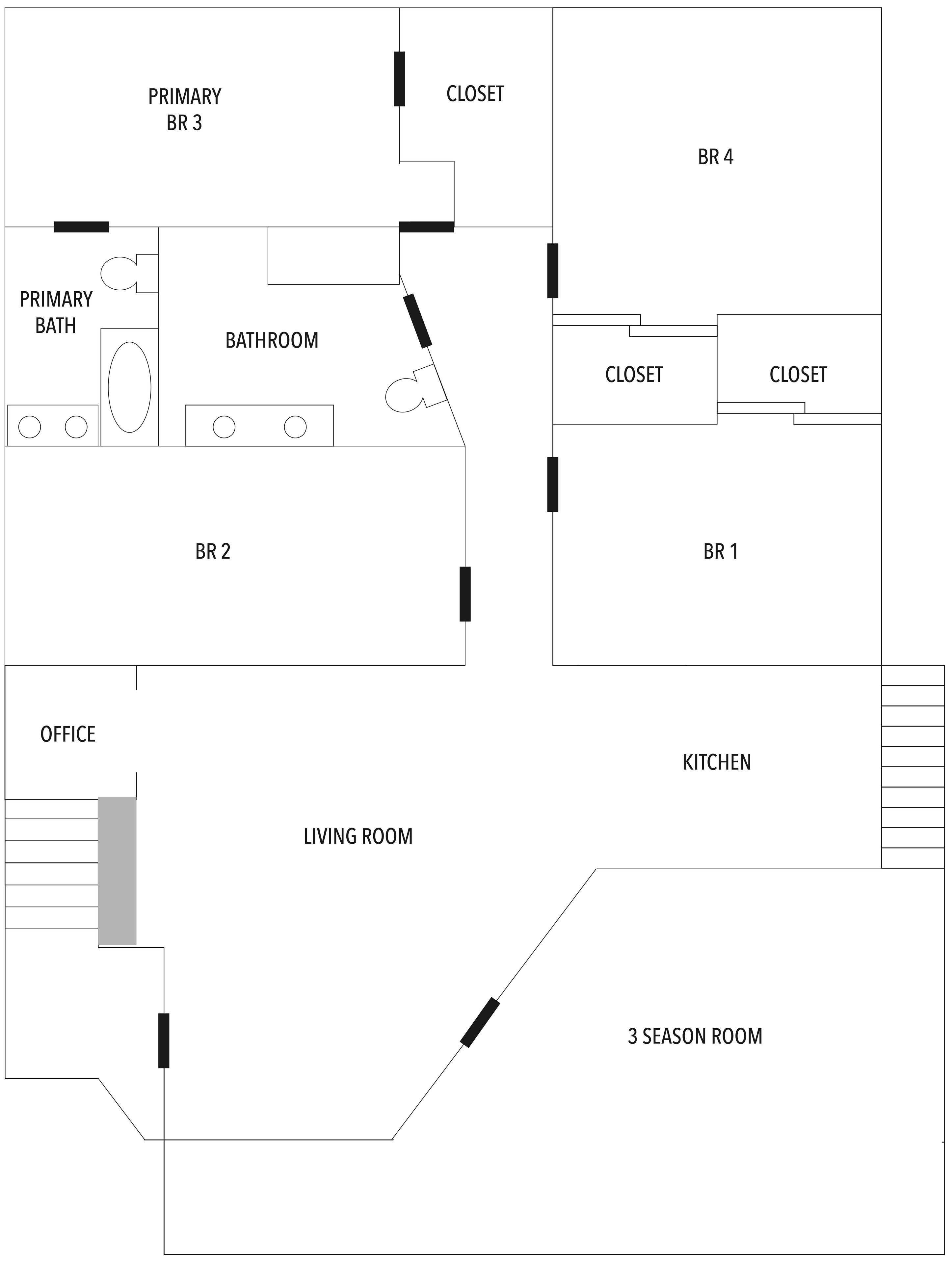 Un plano de planta que muestra un baño principal, dos armarios, una cocina, una oficina, una sala de estar y una habitación para tres estaciones.