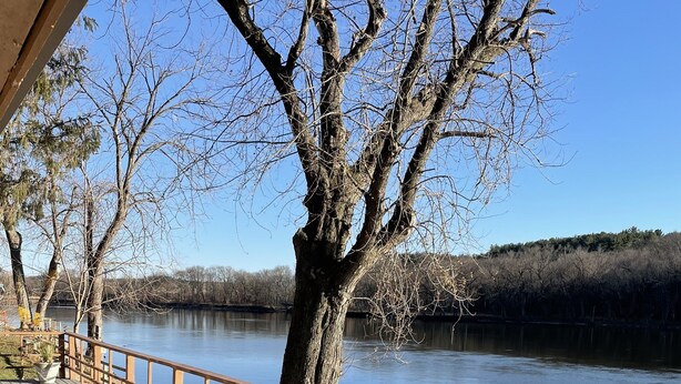 Une terrasse en bois dotée d’une balustrade, qui offre une vue sur un lac paisible, le tout entouré d’arbres.