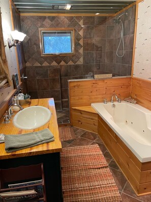 Shower, jetted tub, towels