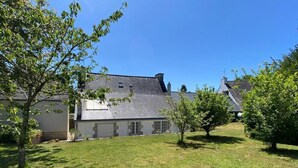 Une maison avec un toit en pente, un petit jardin devant et un arbre.