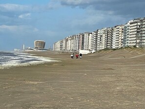 On the beach, sun loungers