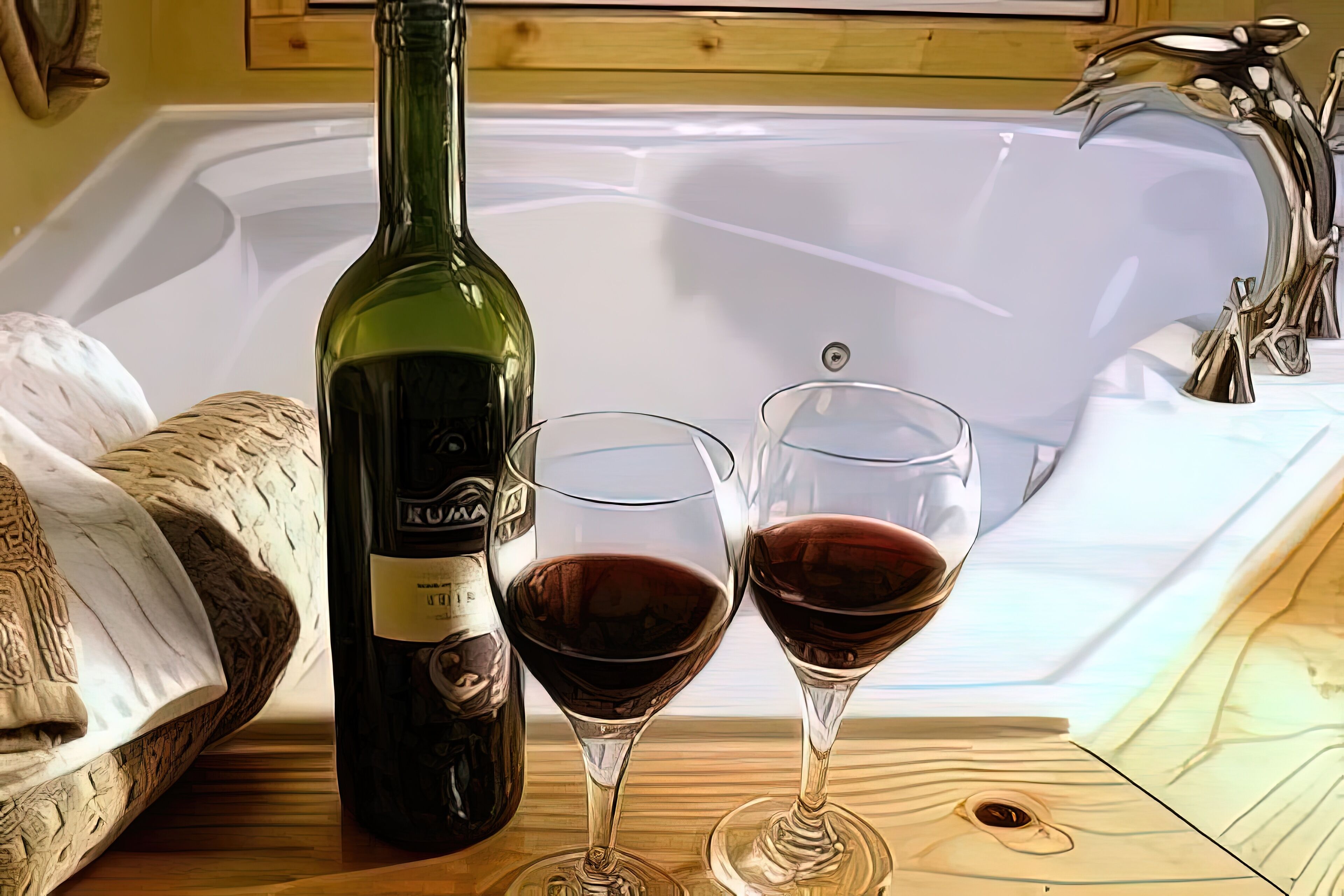 Une bouteille de vin et deux verres à vin sont posés sur une table en bois, avec une baignoire en arrière-plan.