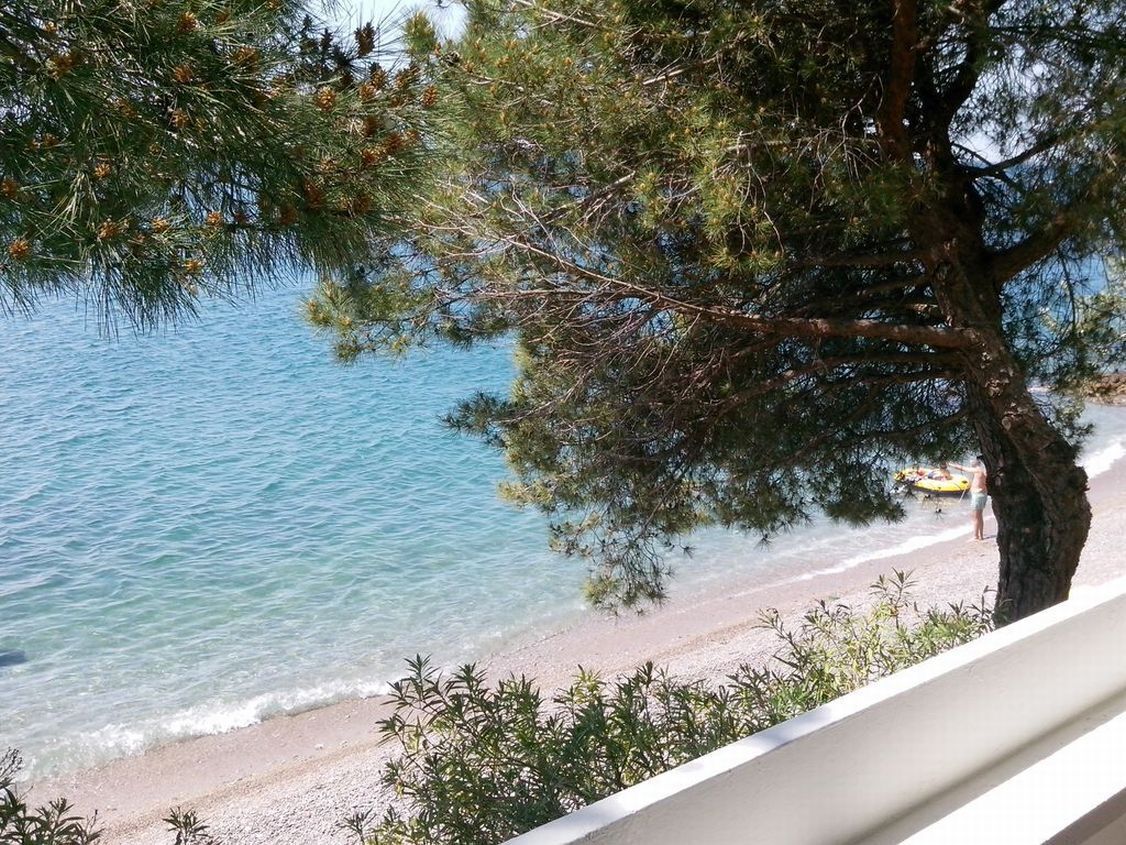 Vista de una playa con agua cristalina, un árbol y una persona a lo lejos.
