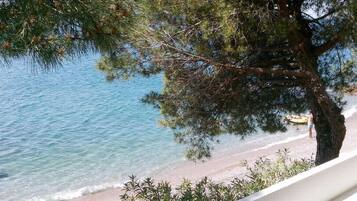 Vista sulla spiaggia con acqua cristallina, un albero e una persona in lontananza.