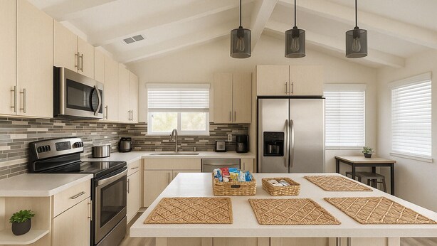 Una cocina moderna con una isla central, electrodomésticos de acero inoxidable e iluminación colgante.