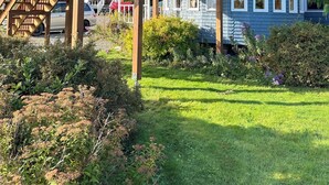 Une maison à l’extérieur bleu, avec un toit conique et une terrasse en bois dotée d’une rambarde.
