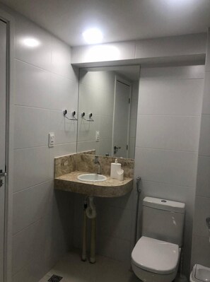 Bathroom features a toilet, sink with marble countertop, and a mirror.