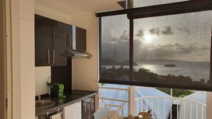 A compact kitchen with a large window, a balcony with a view, and a small table with drinks. - Studio abricot 309 (La Trinité)