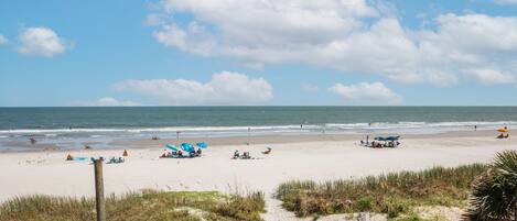 On the beach, sun-loungers, beach towels