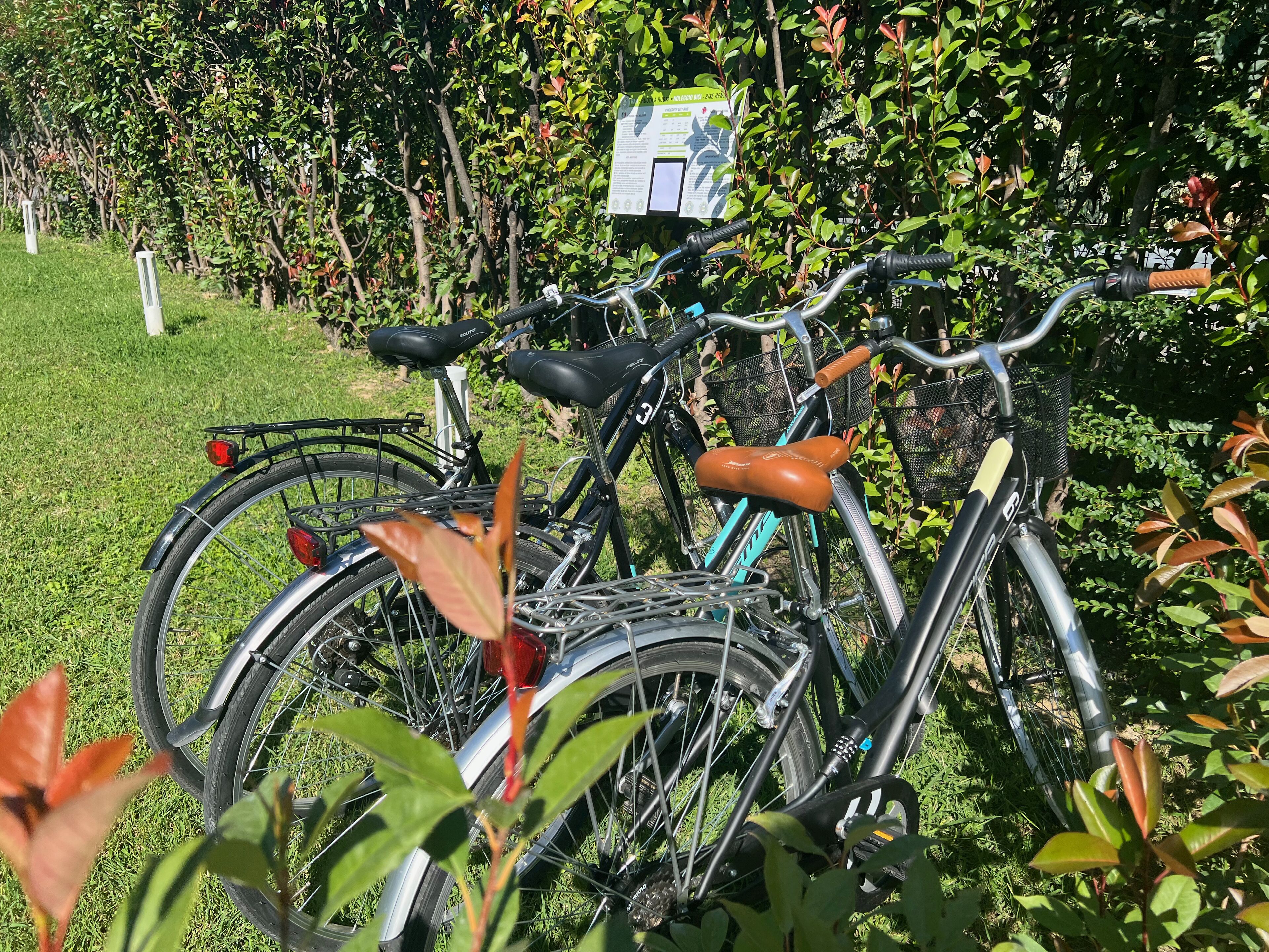 A bicycle parked on a grassy area with a sign in the background.