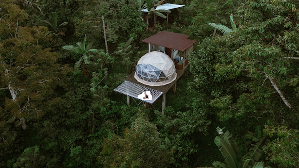 A dome-shaped structure surrounded by dense forest, with a small building nearby. - Bali Jungle Camping (Pupuan)