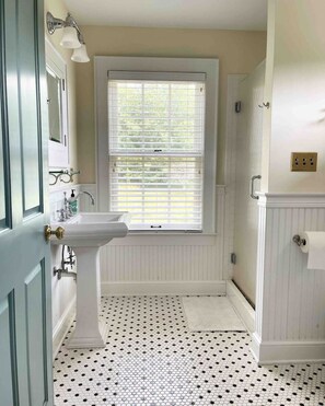 Shower, hair dryer, towels, soap