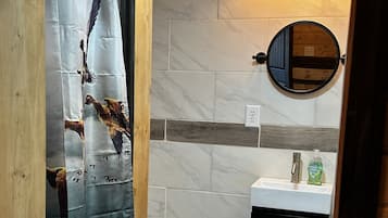 Regadera, toallas, jabón, shampoo