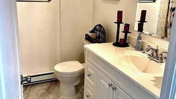 Hair dryer, towels, soap, toilet paper