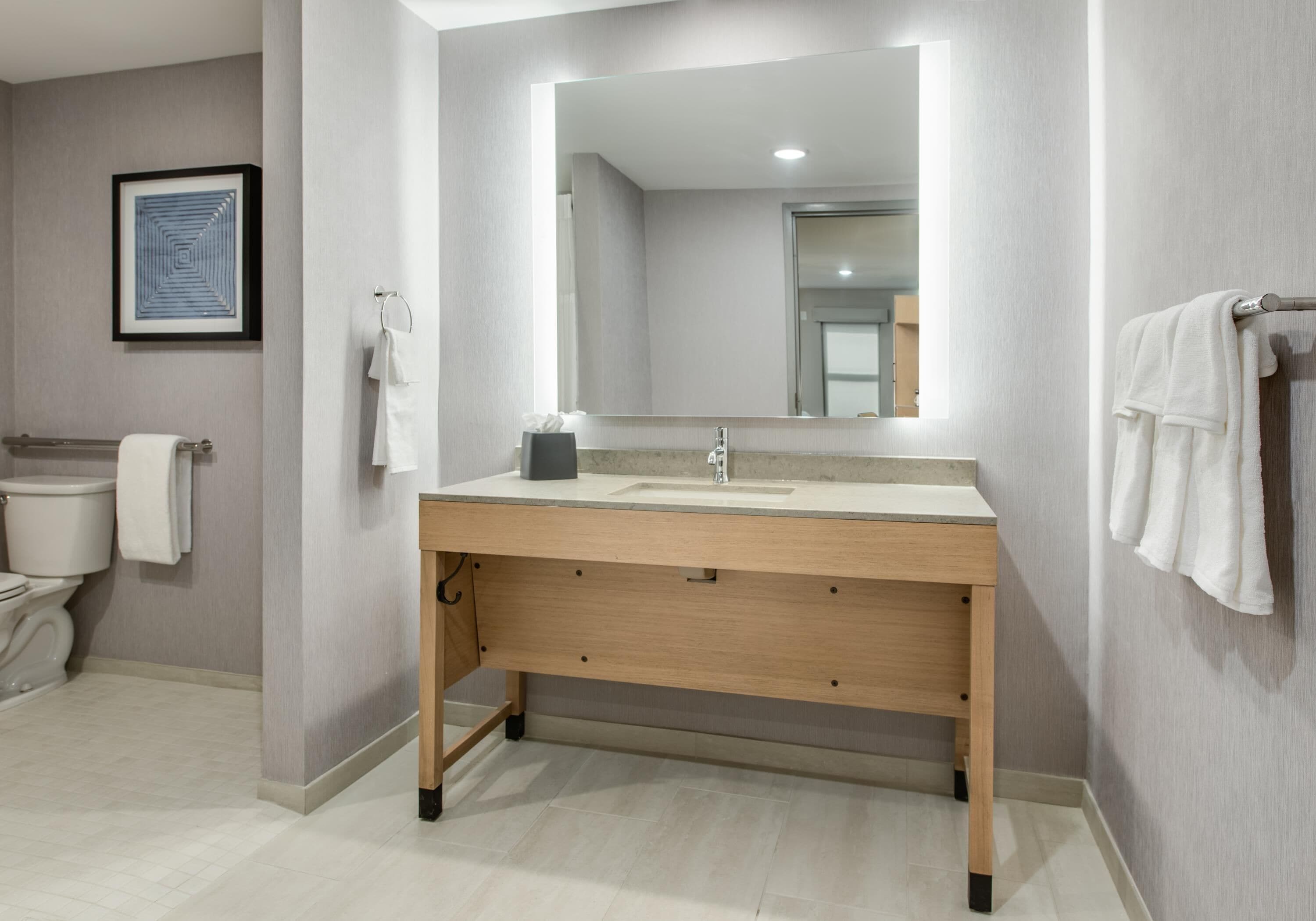 Een moderne badkamer met een houten wastafelmeubel, een grote spiegel en een toilet.