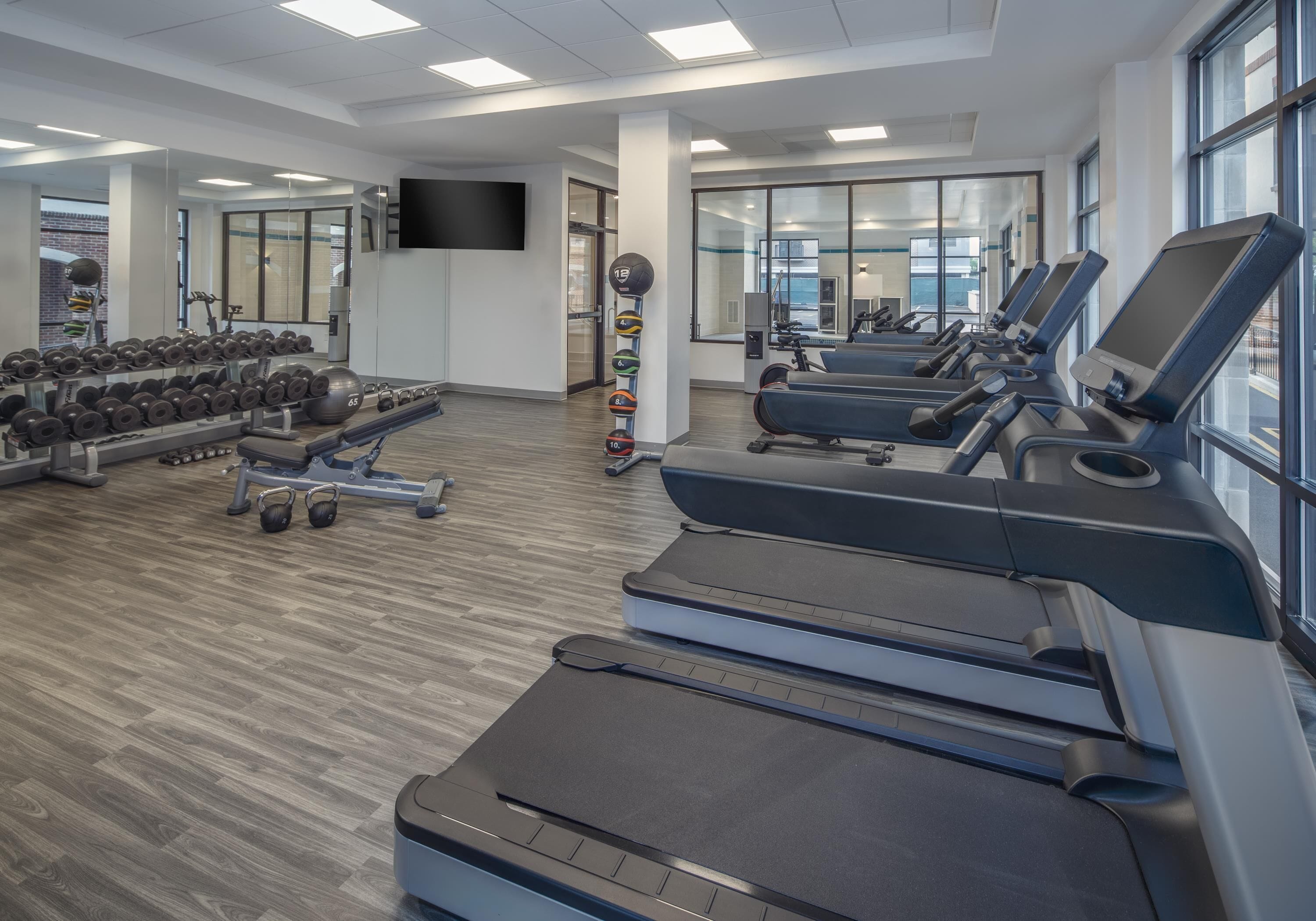 Un gimnasio con cintas de correr, mancuernas y pelotas de ejercicio.