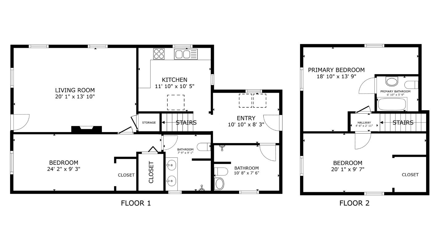 A floor plan of a two-bedroom apartment with a living room, kitchen, and separate bathrooms.