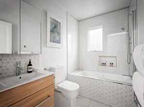 Departamento | Baño | Regadera, amenidades de baño de diseñador, secadora de cabello 