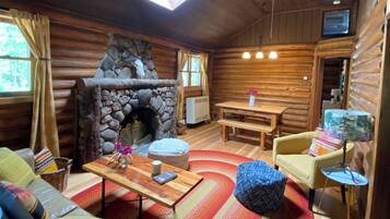 Cheminée, livres, médiathèque