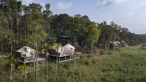 Un resort con varias cabañas de estilo bungalow elevadas sobre pilotes, rodeado de un bosque denso.