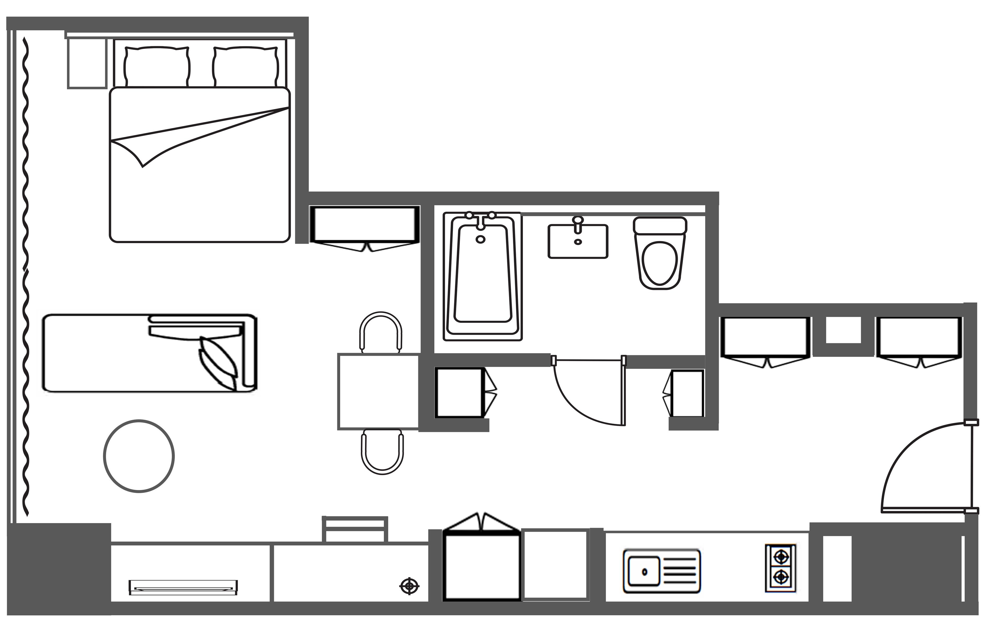 Plano de distribución de una habitación de hotel con cama, baño, kitchenette y zona de estar.